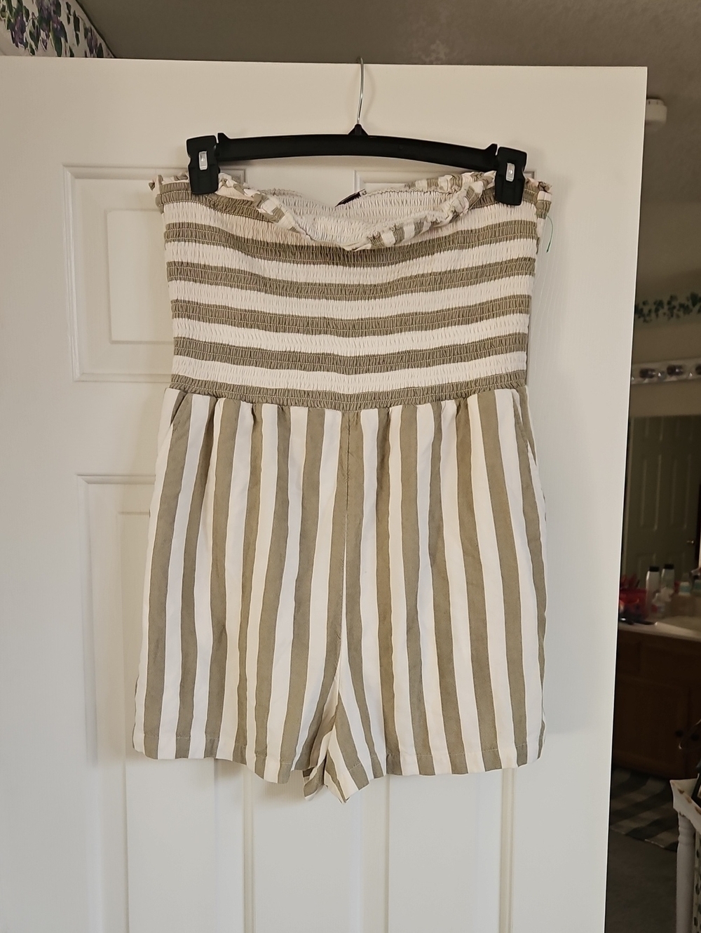 American Eagle Outfitters Olive and White Striped Smocked Tube Romper